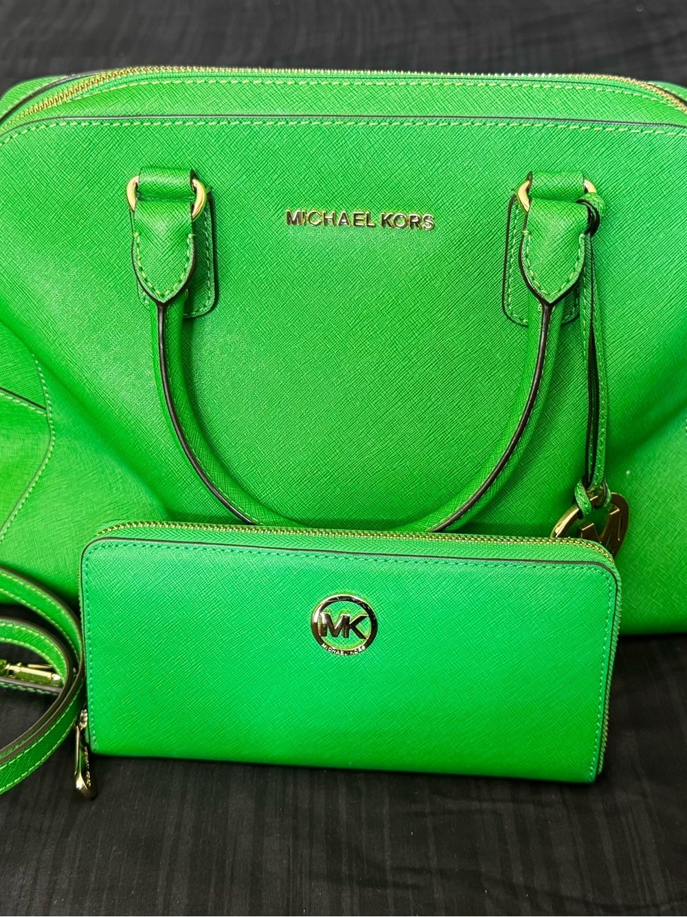 Michael Kors Green Saffiano Satchel with Matching Wallet